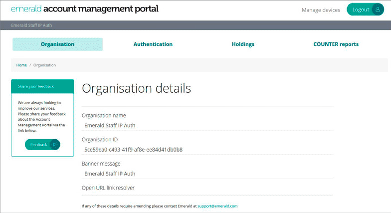 Organisation details screenshot