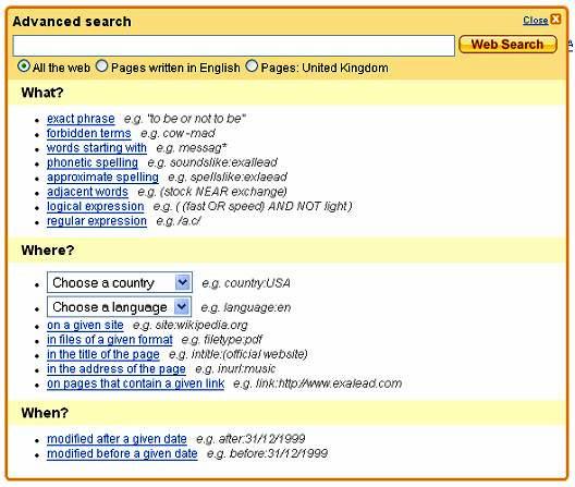 Figure 1: The Exalead advanced search feature